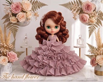 Dusty Mauve Pleated Tiered Dress for 1/6 Scale Dolls Neo Blythe Licca Pullip - The hand flower