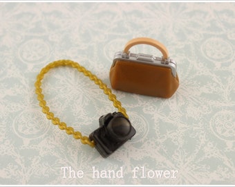 Set dollhouse Miniature nice bag and Small camera.Miniature camera for barbie, blythe