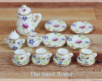 1:12 Miniature Tea Sets Dollhouse Tea Set Porcelain Tea Cups Saucers Plates Decorative Mini Tea Pot