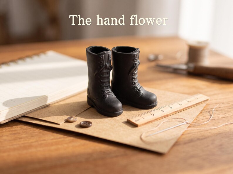 May include: A pair of miniature black lace-up boots with a matte finish, positioned next to a small wooden ruler showing centimeter markings, two brown buttons, and a needle with thread. The text "The hand flower" is visible above.