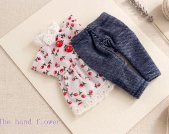 Middie Blythe Outfit 2-Piece Set, Cherry Print Top with Lace & Denim Jeans, Casual Doll Clothes