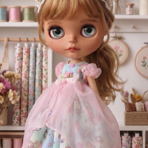 May include: A doll with large blue eyes and freckles, wearing a pink and blue dress with a floral design. The doll has blonde hair and a floral headband. The background includes spools of thread and fabric rolls.