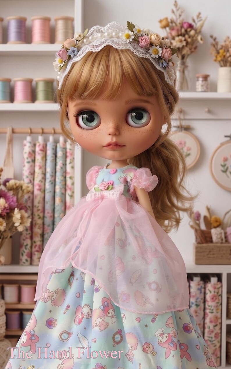 May include: A doll with large blue eyes and freckles, wearing a pink and blue dress with a floral design. The doll has blonde hair and a floral headband. The background includes spools of thread and fabric rolls.