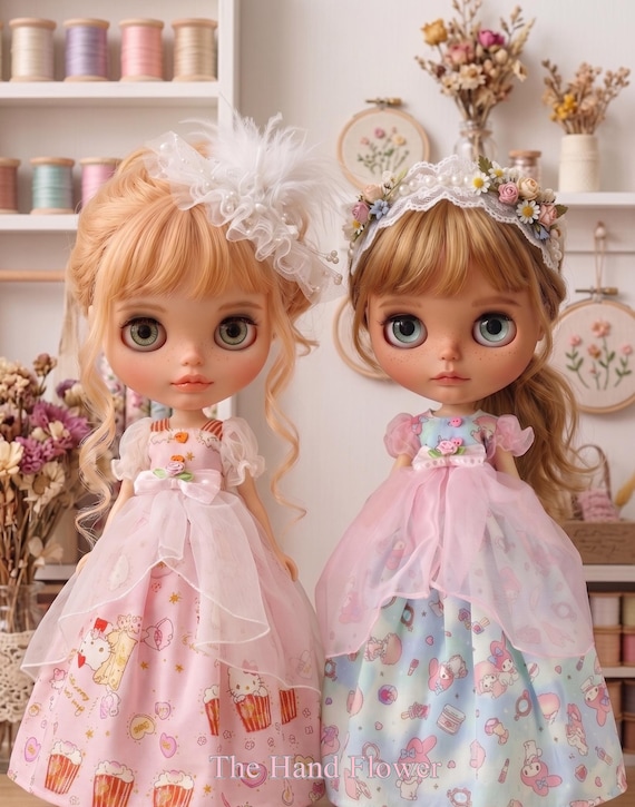 Pink Cartoon Cat Doll Gown Party Dress for Neo Blythe Pure Neemo S Licca | Whimsical 1/6 Scale Doll Clothes Outfit | The Hand Flower