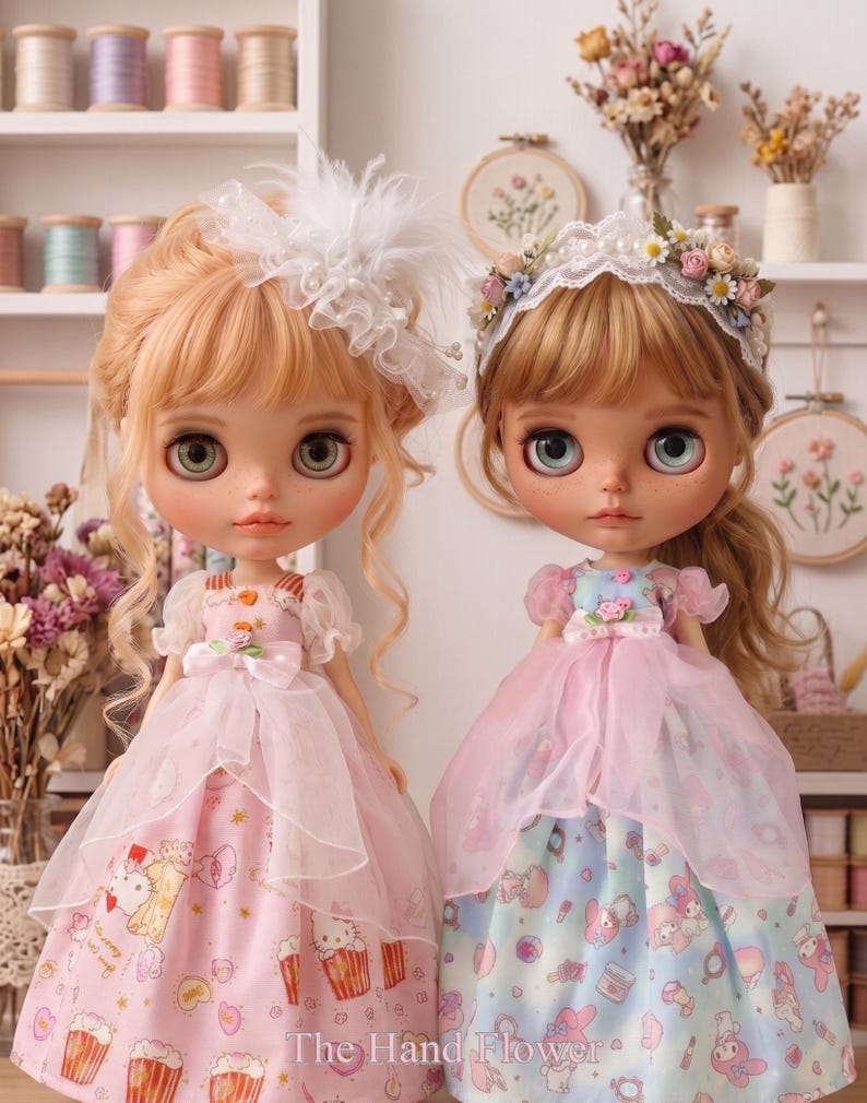 May include: Two dolls with blonde hair and large eyes are dressed in pink and blue dresses. The doll on the left wears a white headpiece, and the doll on the right wears a floral crown. The dresses have cartoon character prints. The text "The Hand Flower" is at the bottom.