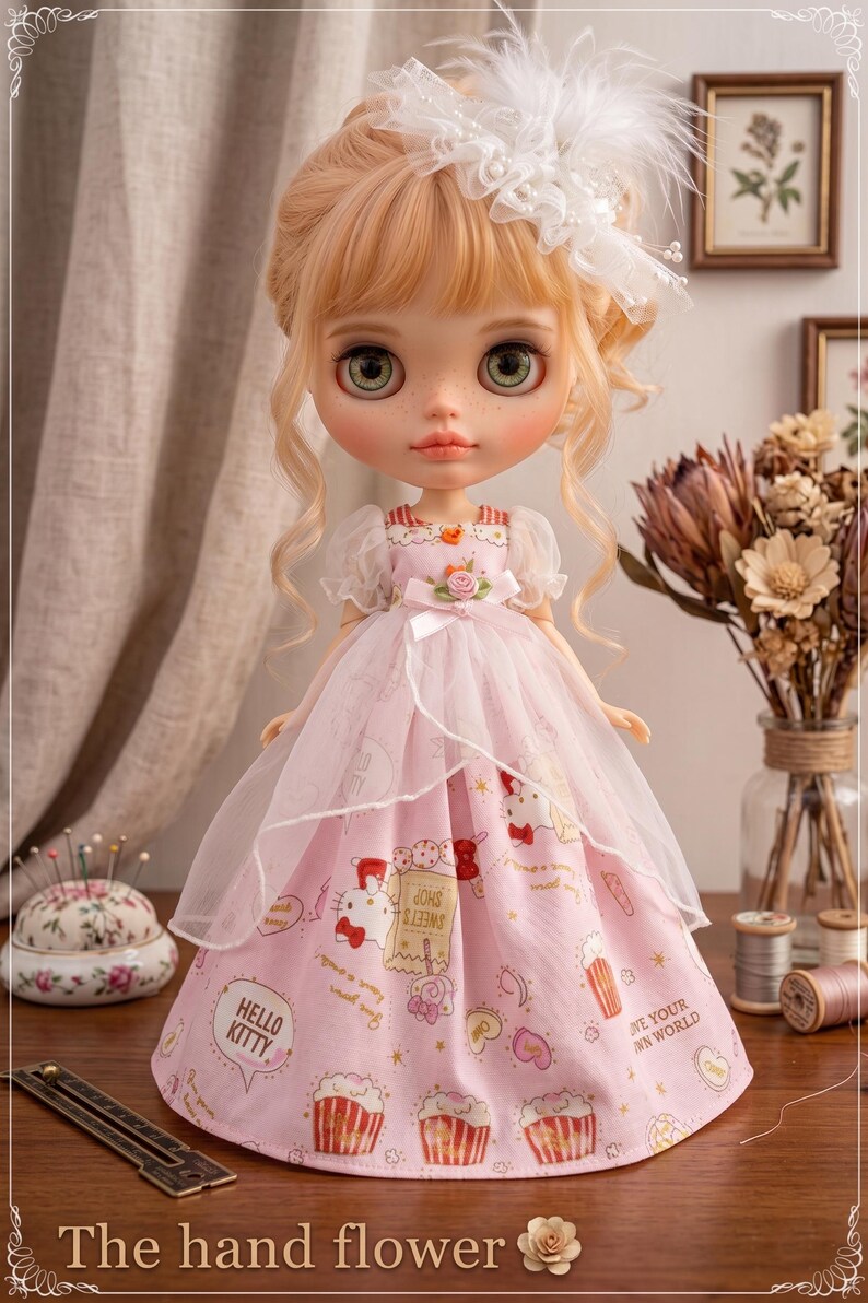 May include: A doll with blonde hair and green eyes wearing a pink dress with a Hello Kitty print. The doll has a white feathered headpiece. The dress has a sheer overlay. The text "The hand flower" is at the bottom of the image.