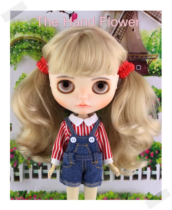 Cute Denim Overalls and Red Striped Shirt Set for Neo Blythe Doll, Casual Bib Shorts 1/6 Scale Clothes by The hand flower