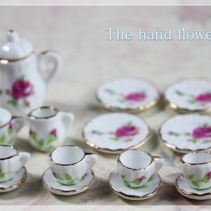 1:12 Miniature Tea Sets Dollhouse Tea Set Porcelain Tea Cups Saucers Plates Decorative Mini Tea Pot