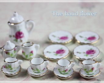 1:12 Miniature Tea Sets Dollhouse Tea Set Porcelain Tea Cups Saucers Plates Decorative Mini Tea Pot