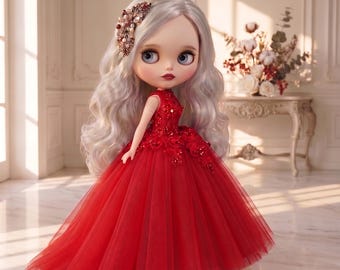 Bright Red Floral Lace & Tulle Gown for Blythe, Obi22, Obi24 | 1/6 Scale Doll Clothes