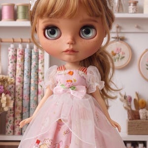 May include: A Blythe doll wearing a pink dress with a Hello Kitty print and a white floral headband. The doll has large blue eyes and freckles. The dress has a bow and sheer sleeves. The text "The Hand Flower" is visible on the dress.