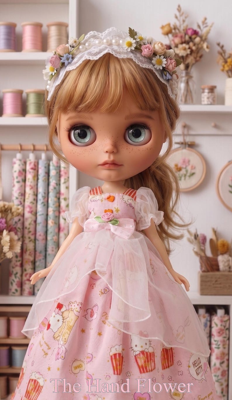 May include: A Blythe doll wearing a pink dress with a Hello Kitty print and a white floral headband. The doll has large blue eyes and freckles. The dress has a bow and sheer sleeves. The text "The Hand Flower" is visible on the dress.
