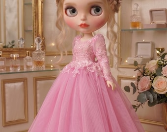 Handmade Pink Beaded Lace & Tulle Gown for 1/6 Dolls Neo Blythe Obitsu Licca | Long Sleeve Evening Doll Dress