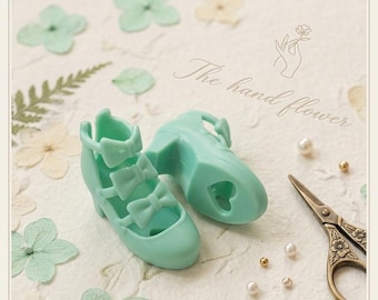 Mint green Triple Bow Mary Jane Shoes for Blythe/Licca Dolls, Kawaii High Heel Ankle Boots, Miniature Doll Accessories