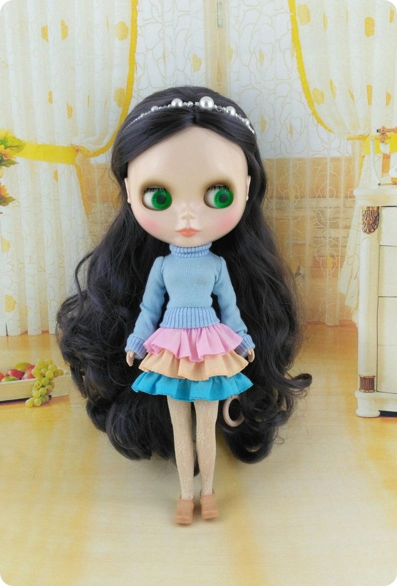 Summer striped white blue cotton dress for Blythe doll boots for Blythe crochet bag for Blythe doll