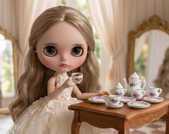 1:12 Miniature Porcelain Tea Set, Pink Floral Dollhouse Tea Service, 15pc Tiny Ceramic Teapot & Cups for Blythe, Barbie, and Collection