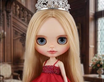 Rotes Satin Ballkleid für Blythe Dolls, Elegantes Abend Party Kleid mit Pailletten Mieder, 1/6 Puppenoutfit für Neo Blythe Dolls