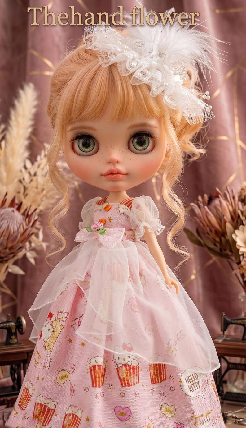 May include: A doll with green eyes and blonde hair, wearing a pink dress with a Hello Kitty print. The dress has a white overlay and a bow at the waist. The doll has a white headpiece with feathers and pearls. The text "Thehand flower" is at the top.