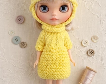 Conjunto de punto de oso amarillo para Neo Blythe, gorro de animal kawaii y minivestido, ropa de invierno seleccionada para muñecas BJD 1/6, estilo tejido a mano.