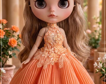 Peach Pleated Gown for Blythe Dolls,Elegant Sequin Halter Dress for 1/6 Scale Dolls,Evening Outfit for Blythe,Azone Pure Neemo S,Licca-chan