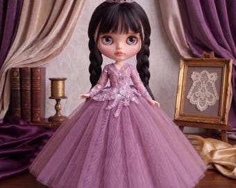 Dusty Pink Beaded Lace & High-Low Voluminous Tulle Gown for 1/6 Scale Dolls (Neo Blythe, Licca, Obitsu) | The hand flower