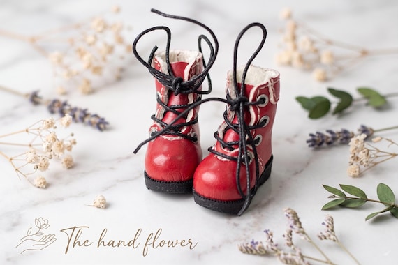 Red Miniature Lace-up Boots with Fur Lining for 12" Blythe, Pullip, Momoko, Lati Yellow | Doll Shoes