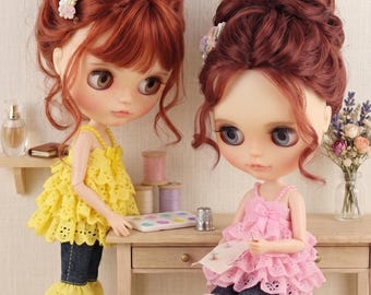 Ruffle Lace Doll Outfit Set with Denim Pants for Neo Blythe, Licca, and Azone – 3 Colors : Soft Pink, Rose Pink, Yellow by The Hand Flower