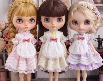 Handmade Blythe Dress Set with White Apron | Clothes for Neo Blythe, Licca, Azone Pure Neemo | 3 Colors Available