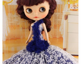 Royal Blau & Weißes Spitzenkleid für Neo Blythe, One-Shoulder Luxus Puppenkleid mit Rüschen Detail, 1/6 BJD Abend Outfit, Kuratierte Mode