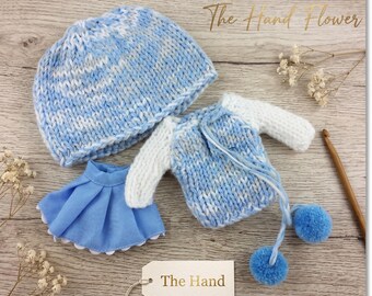 Blue and White Knit Outfit Set for Blythe Doll - 3-Piece Handmade Doll Clothes: Sweater, Skirt, and Beanie