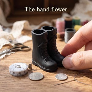 May include: A pair of miniature black lace-up boots with a matte finish. The boots are positioned next to a small white measuring tape and two silver coins. The text "The hand flower" is printed in white at the top of the image.