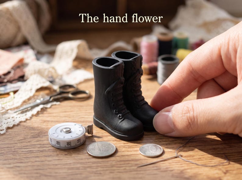 May include: A pair of miniature black lace-up boots with a matte finish. The boots are positioned next to a small white measuring tape and two silver coins. The text "The hand flower" is printed in white at the top of the image.
