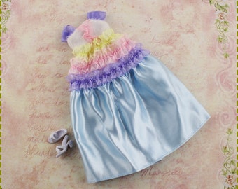 Pastel Rainbow Princess Gown for Licca.Neo Blythe, Blue Satin Doll Dress with Lace Ruffles & Shoes,  BJD Party Outfit Set