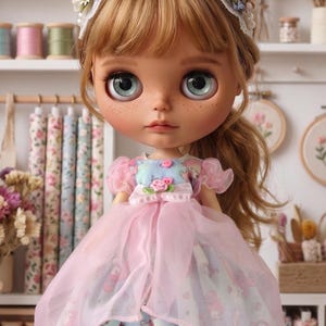 May include: A Blythe doll with light brown hair and large blue eyes, wearing a pink and blue dress with a tulle overlay. The doll has a floral headband and the text "The Hand Flower" is visible on the dress.