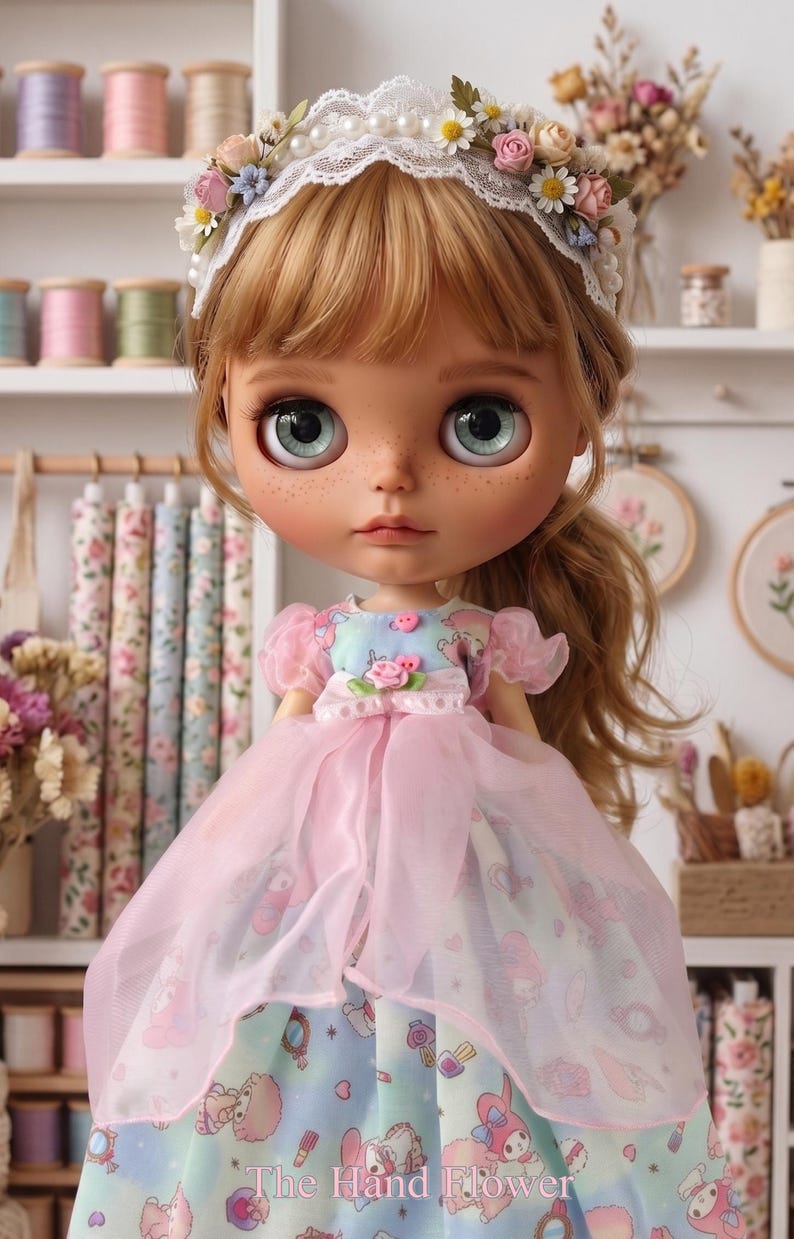 May include: A Blythe doll with light brown hair and large blue eyes, wearing a pink and blue dress with a tulle overlay. The doll has a floral headband and the text "The Hand Flower" is visible on the dress.