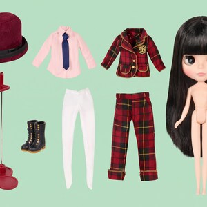 May include: A doll with long black hair, a burgundy top hat, a light pink long-sleeve shirt with a blue tie, a red and black plaid blazer with a gold emblem, white leggings, red and black plaid trousers, black lace-up boots, and a doll stand.