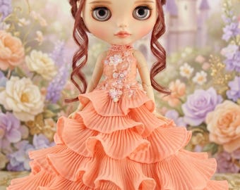 Handmade Peach Ruffle Gown for Neo Blythe, Licca, Pure Neemo S - Limited Edition Doll Dress by The hand flower