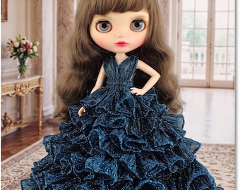 Sparkling Green Tiered Ball Gown for 1/6 Scale Dolls | Neo Blythe, Licca, Pullip Handmade Dress by The hand flower