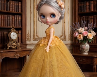 Golden Beaded Lace & High-Low Layered Tulle Gown for 1/6 Scale Dolls (Neo Blythe, Licca, Obitsu)
