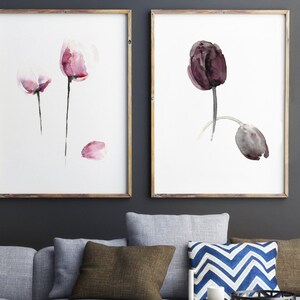 Tulip Watercolor Painting Floral Wall Decor Set Two Tulips Art Prints Purple Home Decor, Abstract flowers Giclee Art print set of 2