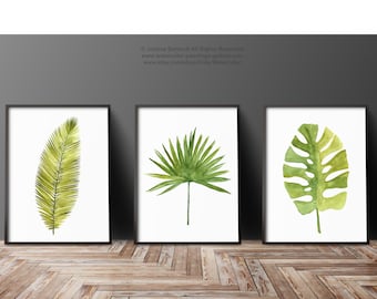 Leaf Wall Art, Leaf Wall Decor, Palm Leaf Wall Art, Green Leaf Living Room Home Decor, Leaves set of 3