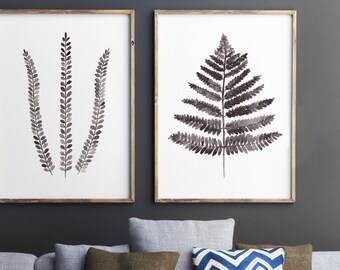 Farn Illustration, 2er-Set Farne Zeichnung, Abstrakter Blatt Kunstdruck, Brauner Botanischer Farn Beige Dekor