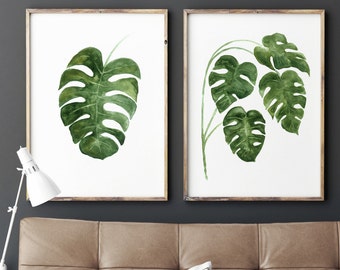 Monstera Leaf Print Abstract Botanical Poster, set 2 Leaves Monstera Deliciosa Illustration, Living Room Home Garden Minimalist Decoration