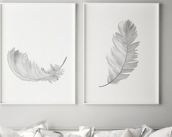 Feather Painting, Gray Art Print set of 2, Living Room Wall Art Abstract Feather Poster, Minimalist Prints, Nursery Wall Art Kids Room Decor