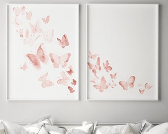Butterfly Wall Art, Blush Pink Decor, Nursery Kids Room Illustration, set of 2 Butterflies Fantasy Prints, Baby Girl Birthday Gift Idea