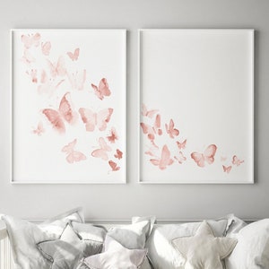 Butterfly Wall Art, Blush Pink Decor, Nursery Kids Room Illustration, set of 2 Butterflies Fantasy Prints, Baby Girl Birthday Gift Idea