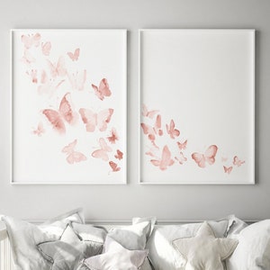 Arte de pared con mariposas, decoración en rosa ruborizado, ilustración para habitación infantil, juego de 2 impresiones de fantasía con mariposas, idea de regalo de cumpleaños para niña