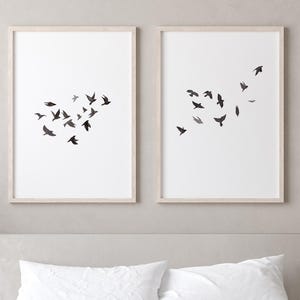 Vögel Wandkunst, fliegender Vogel Poster, schwarzer Vogel Minimalistischer Druck, Aquarell digitaler Download Kunstdruck, Vögel 2er-Set