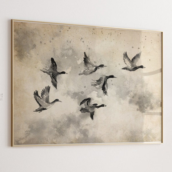 Peinture de canard rustique, oeuvre d'art extra large, décoration murale vintage minimaliste de salon, décoration d'intérieur abstraite moderne sur toile, impression d'art oiseau de lac