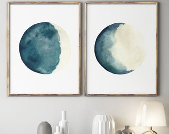 Moon Phase Art Print, Moon Phase Prints, Moon Wall Art, set of 2 Moon Art, Waxing Crescent, Waning Gibbous, Blue Moon